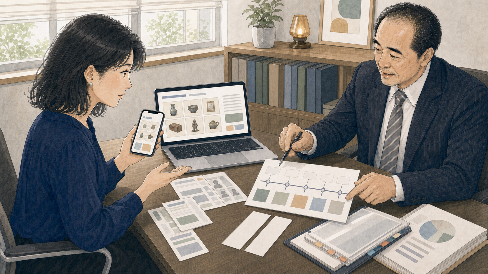 女性が偽サイトの画面や振込記録を示して弁護士へ相談する様子