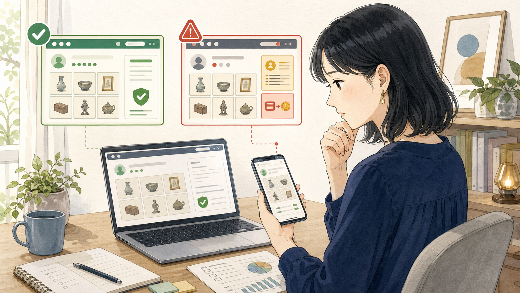 女性が正規サービスと案内されたオークションサイトの違いを確認している様子