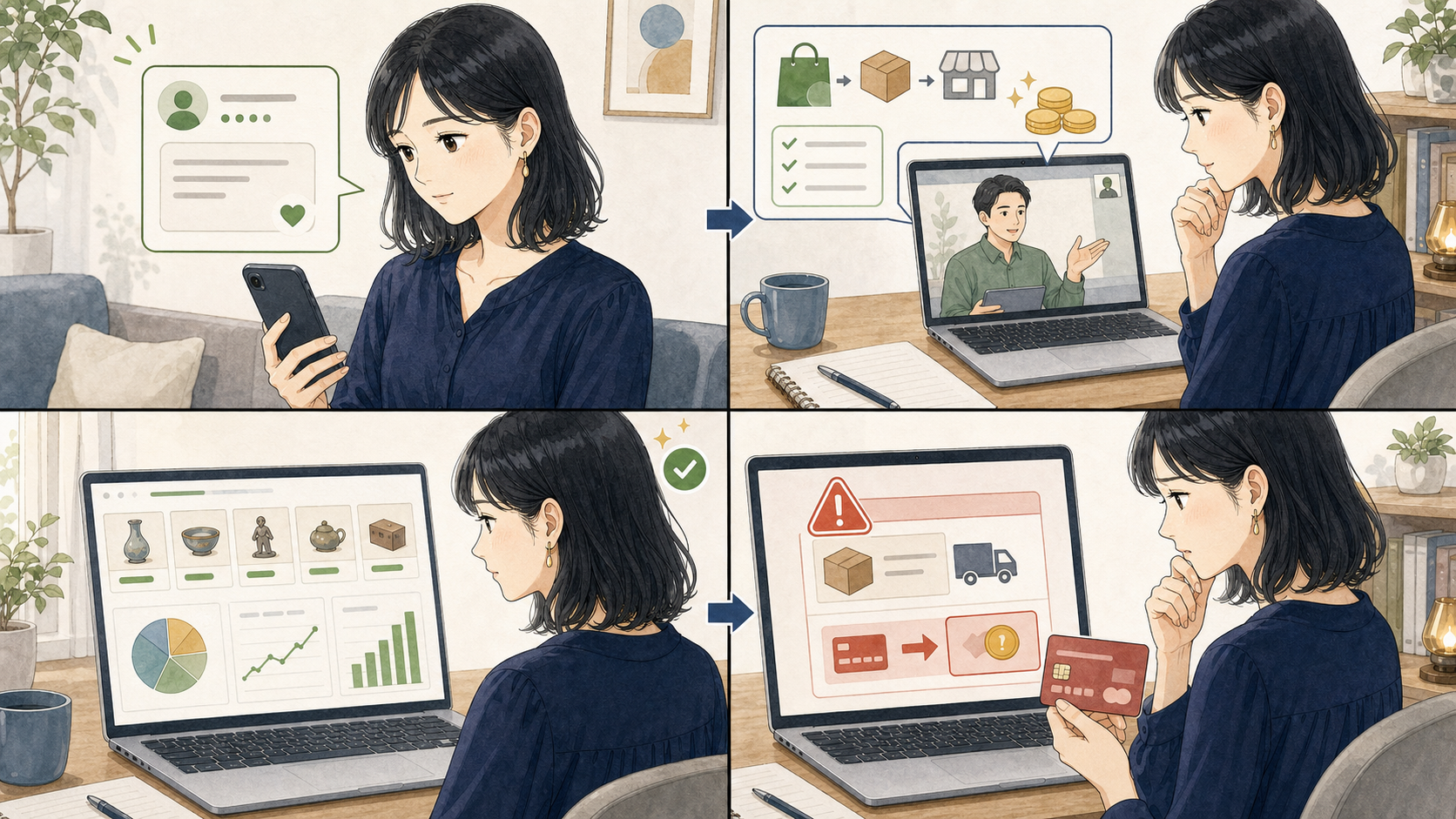 マッチングアプリでの接触からネットショップ運営と追加費用の請求へ進む勧誘の流れ