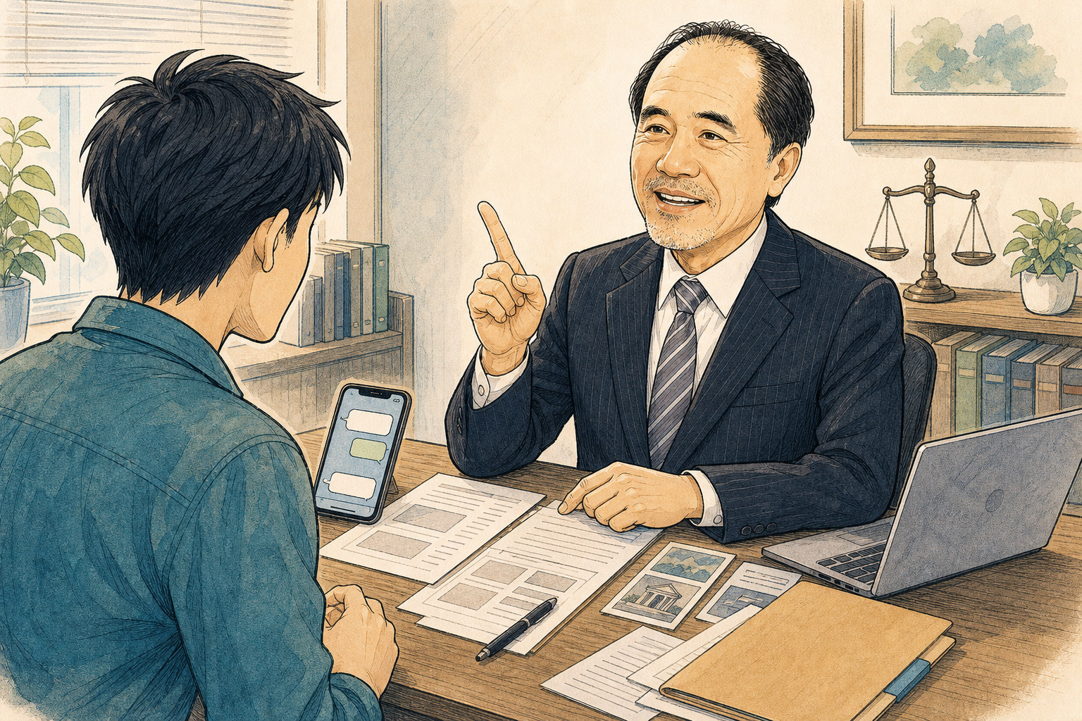 メッセージや送金記録などの証拠を整理して弁護士へ相談する様子