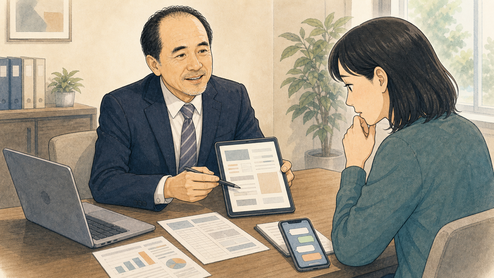 メッセージ履歴や送金記録などの証拠を整理して弁護士へ相談する様子