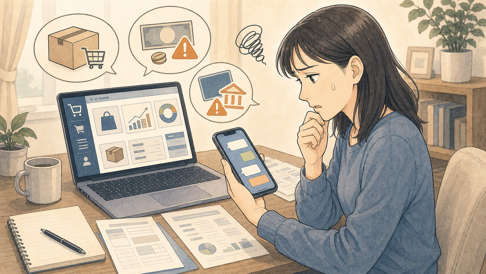 女性がネットショップ運営画面を見ながら売上金を出金できず不安を感じている様子