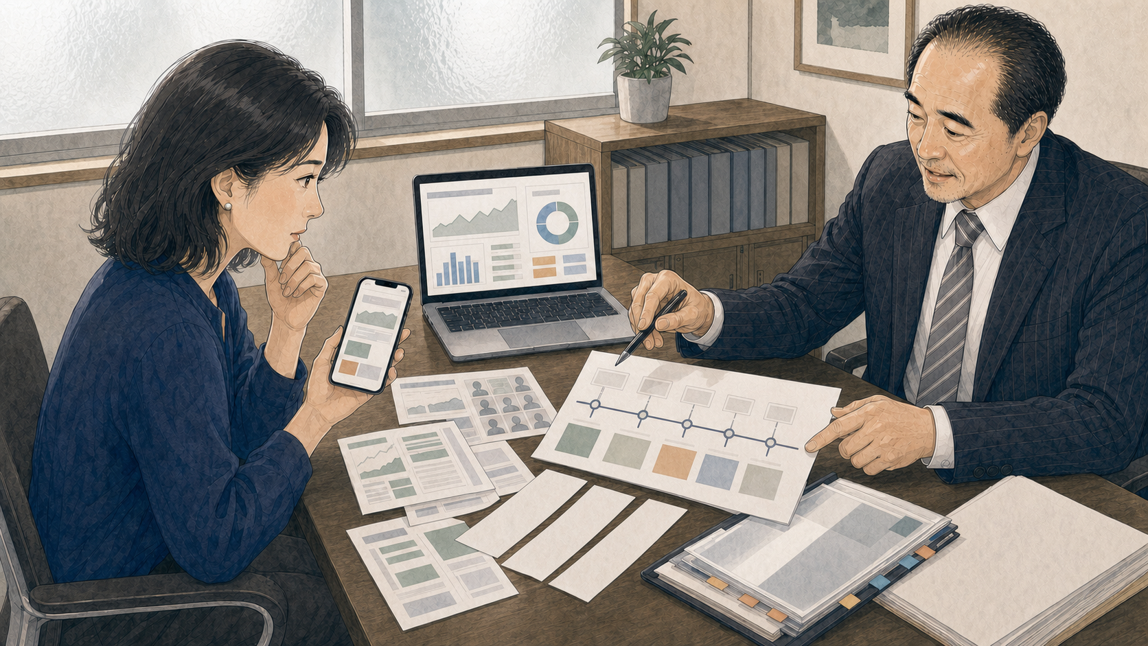 女性が投資アプリの画面や送金記録を示して弁護士へ相談する様子
