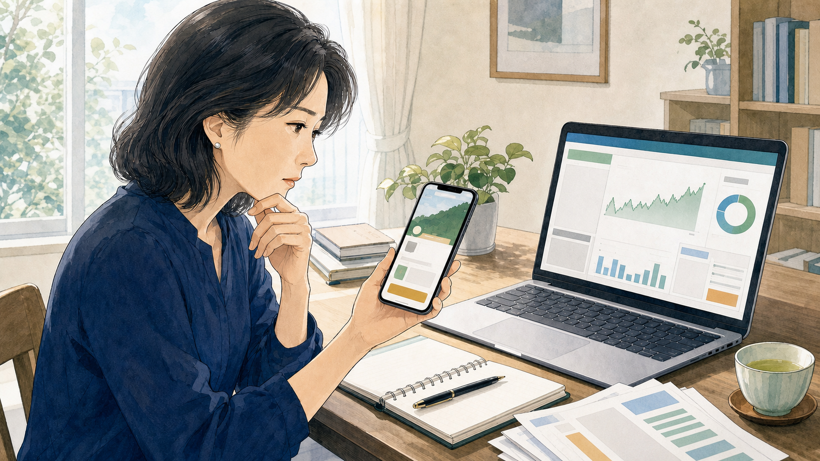 女性がSNS広告と投資アプリの案内を見比べながら慎重に確認している様子