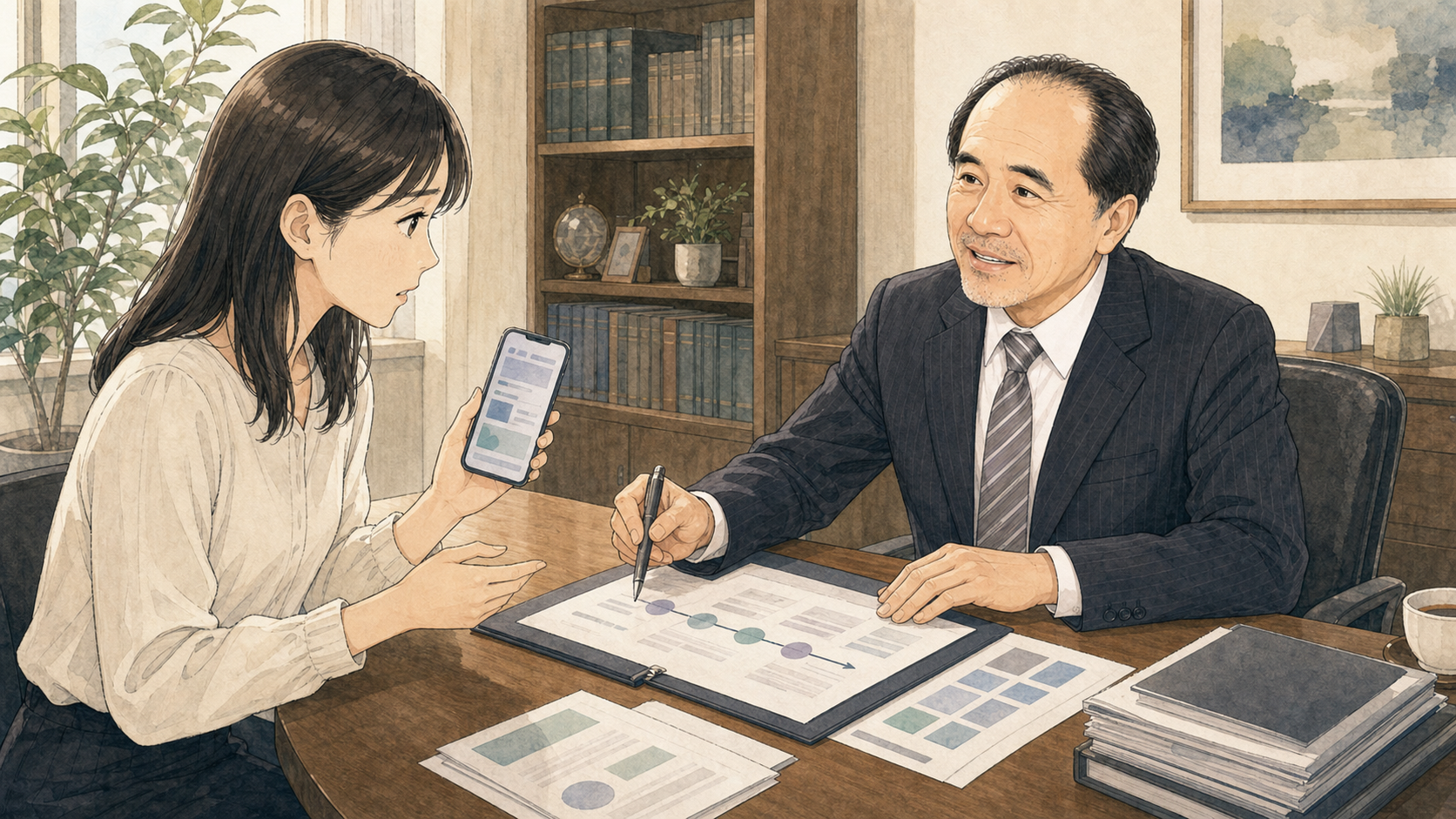 女性がSNSのやり取りや送金記録を示して弁護士へ相談する様子
