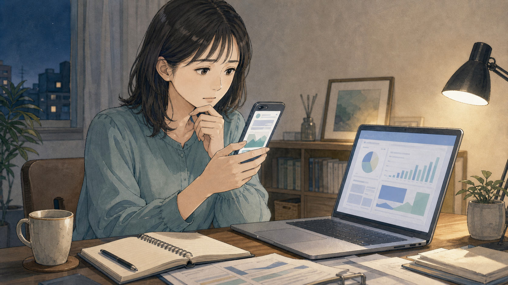 女性がSNSの投資勧誘を見て不安を感じながら内容を確認している様子