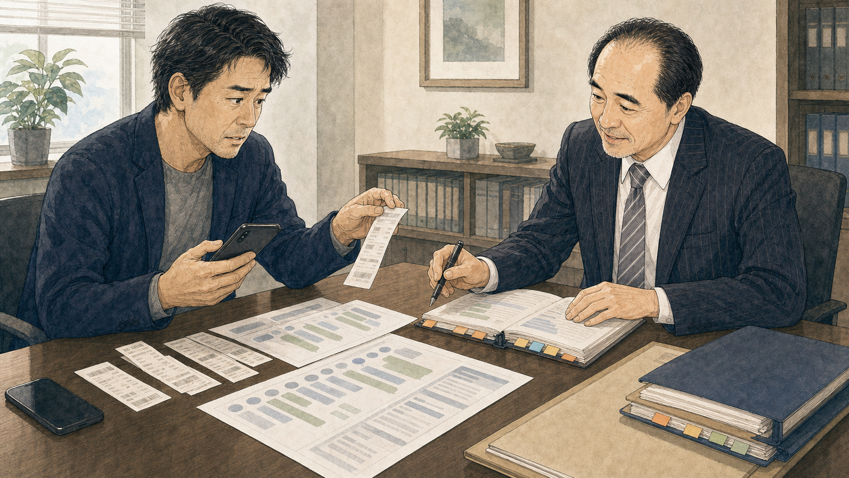 男性がメッセージ履歴や課金記録を示して弁護士へ相談する様子