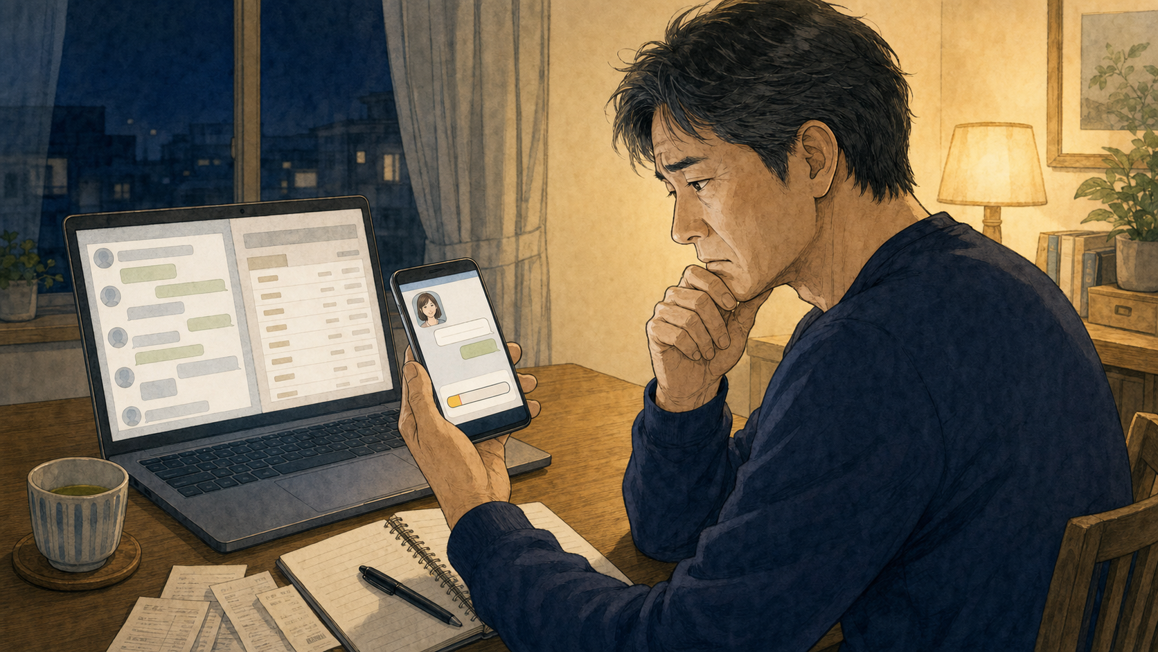 男性がチャットサービスのメッセージとポイント残高を見て不安を感じている様子