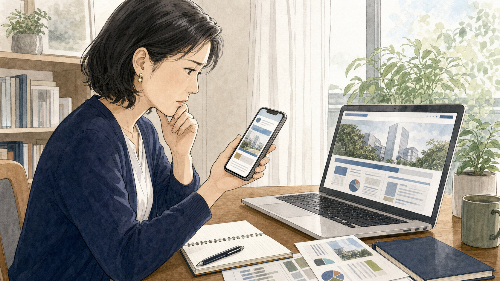 女性がSNSの投資勧誘と金融会社を装った案内を慎重に確認している様子
