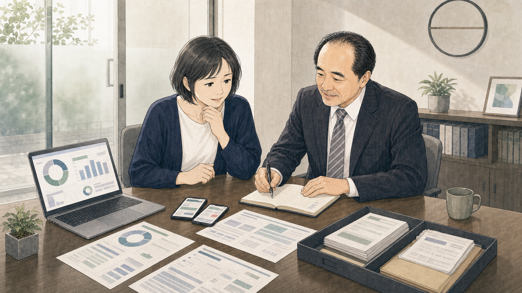 女性が投資サイトの画面や送金履歴を示して弁護士へ相談する様子