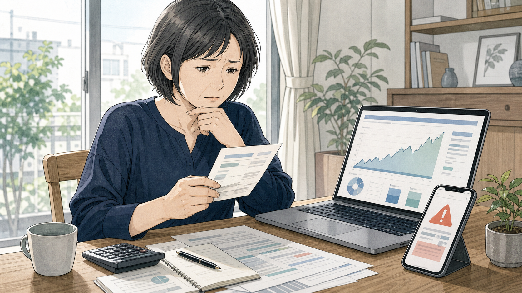 女性が株式投資サイトの利益表示と出金できない状況を確認している様子