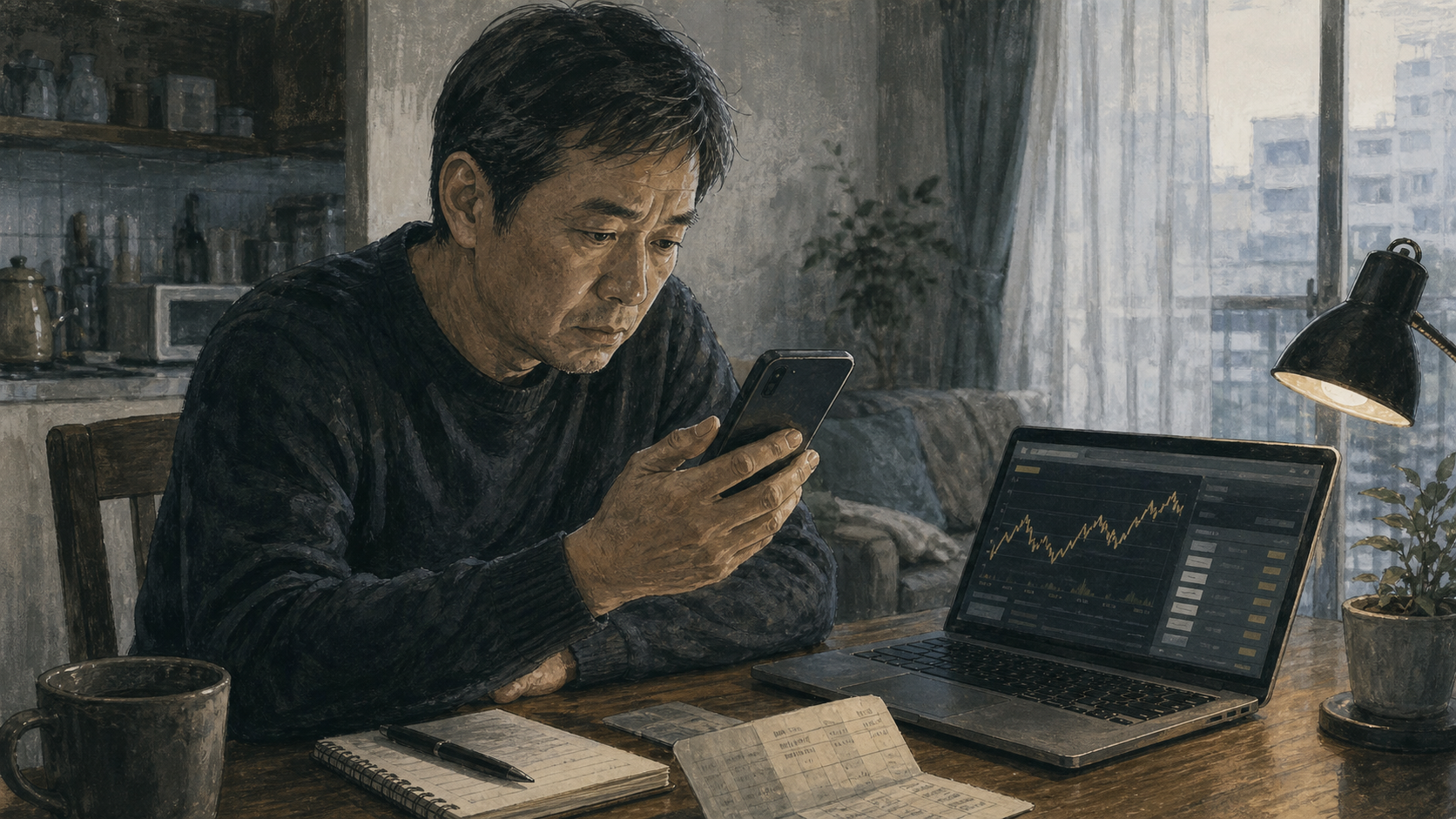 男性がSNSから案内された金取引サイトと投資メッセージを確認している様子