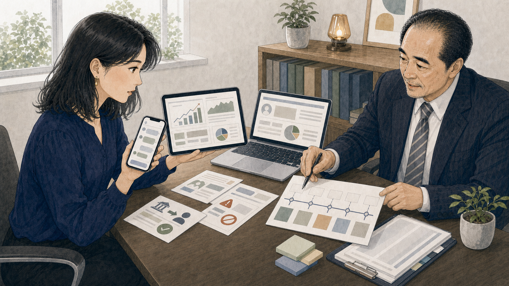 女性が投資サイトの画面や振込記録を示して弁護士へ相談する様子