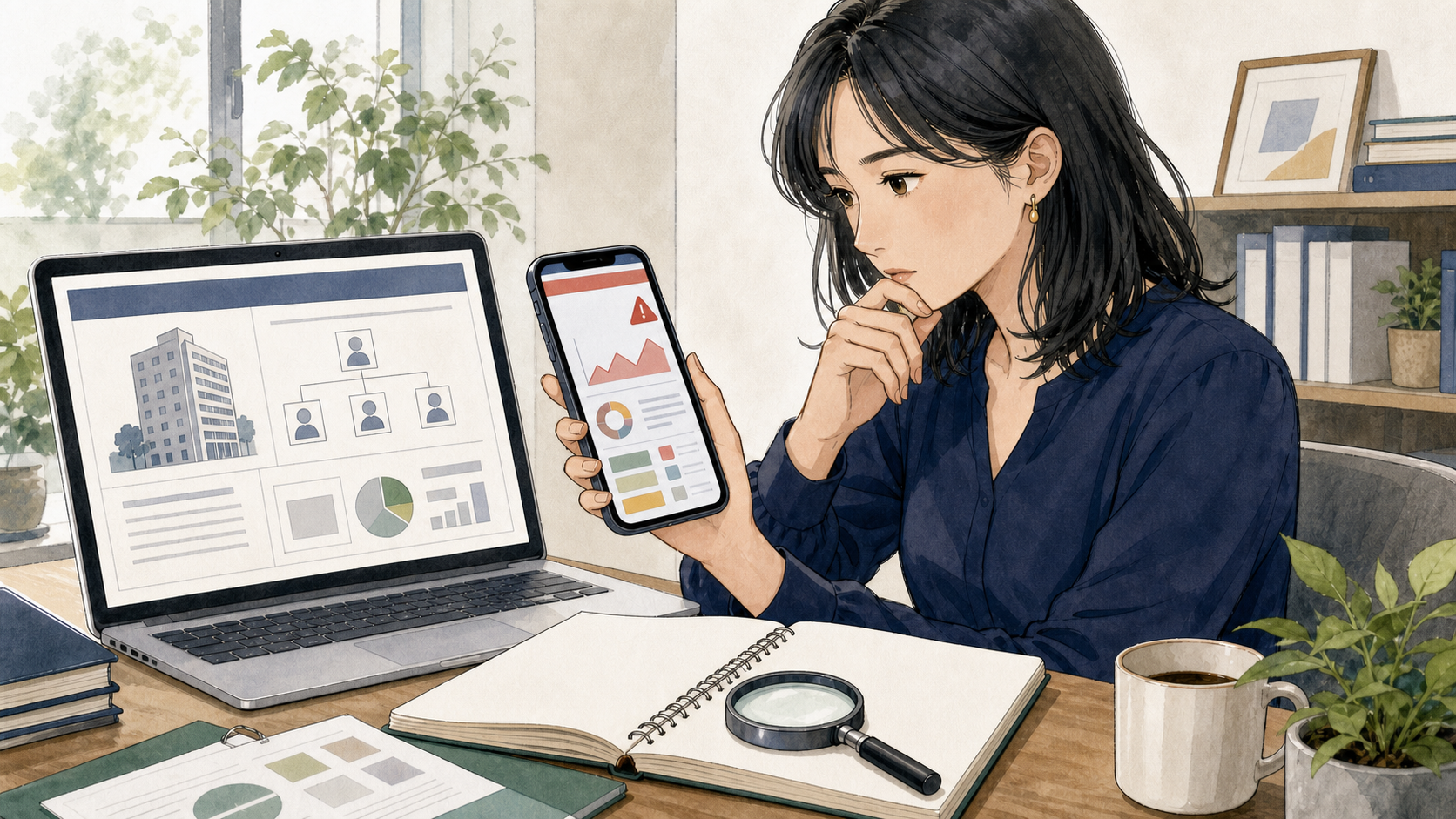 女性が企業情報と案内された投資サイトの運営主体を慎重に確認している様子