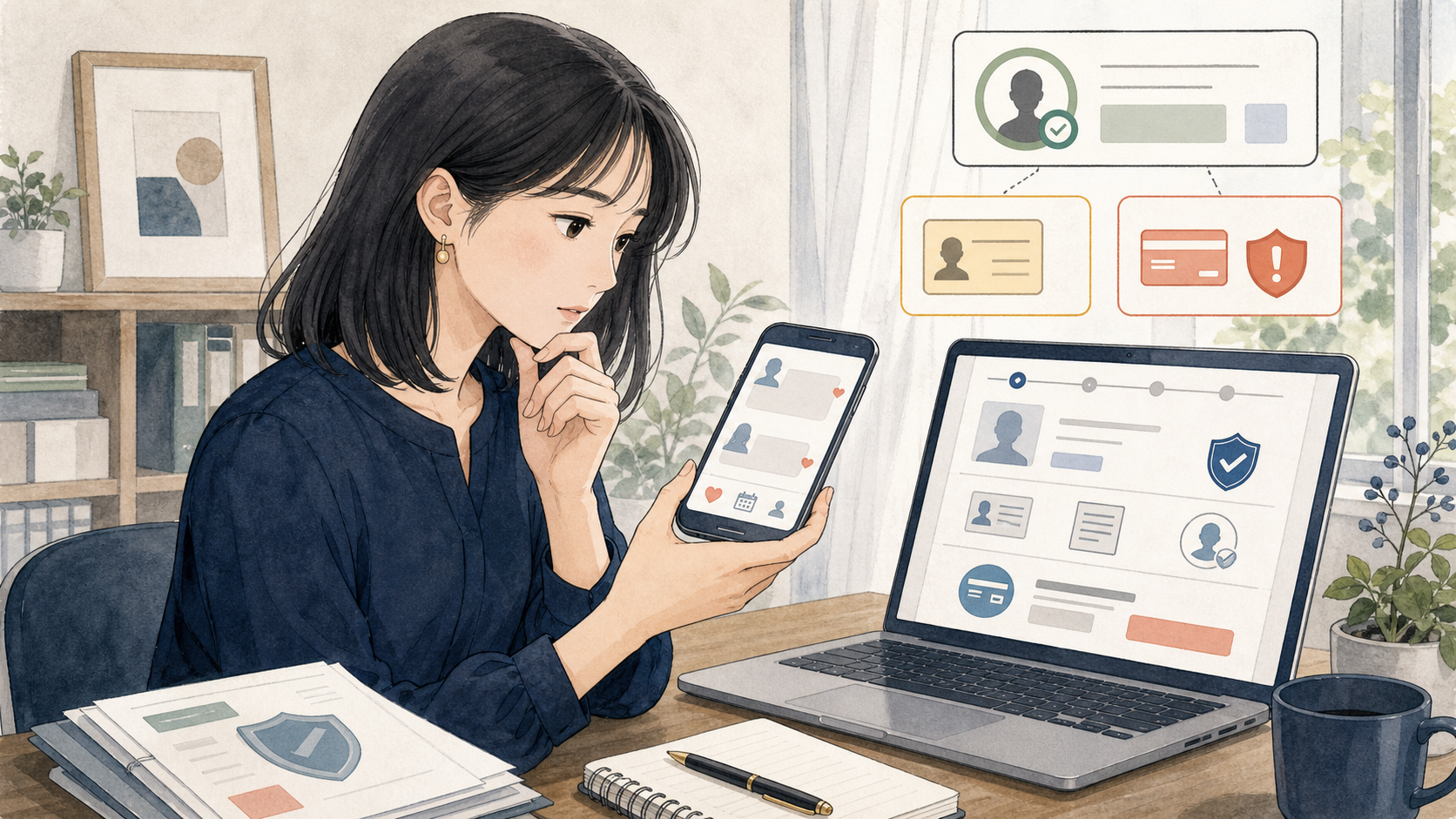 女性がデートクラブのメッセージと料金案内を慎重に確認している様子