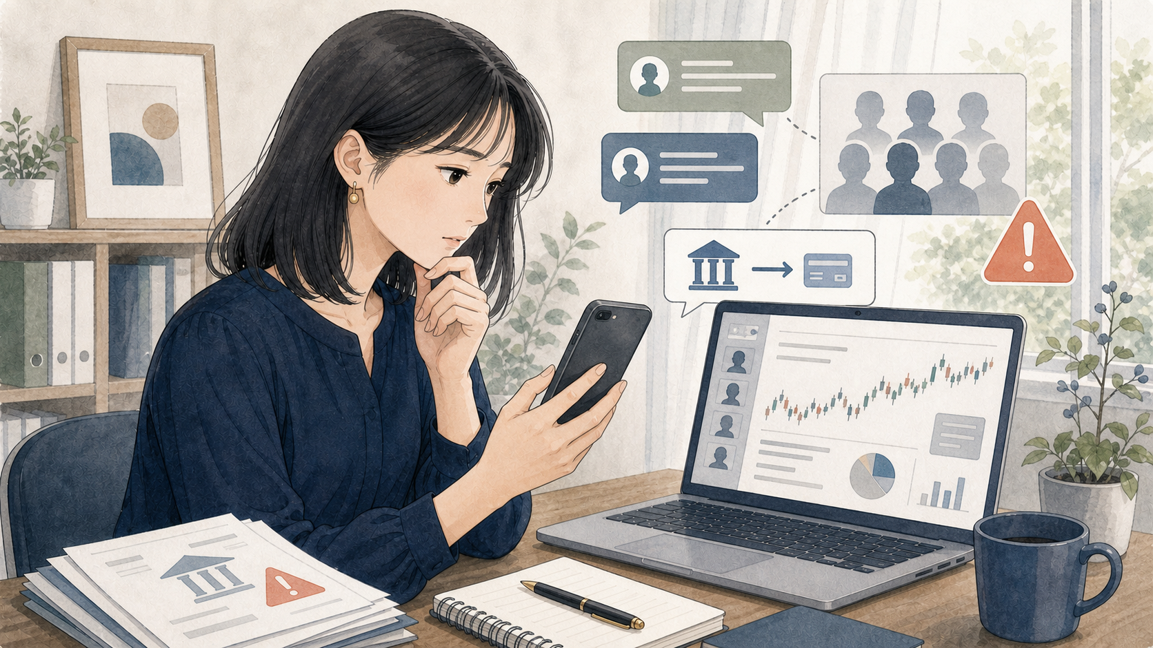 女性が投資グループのメッセージや株価情報を慎重に確認している様子