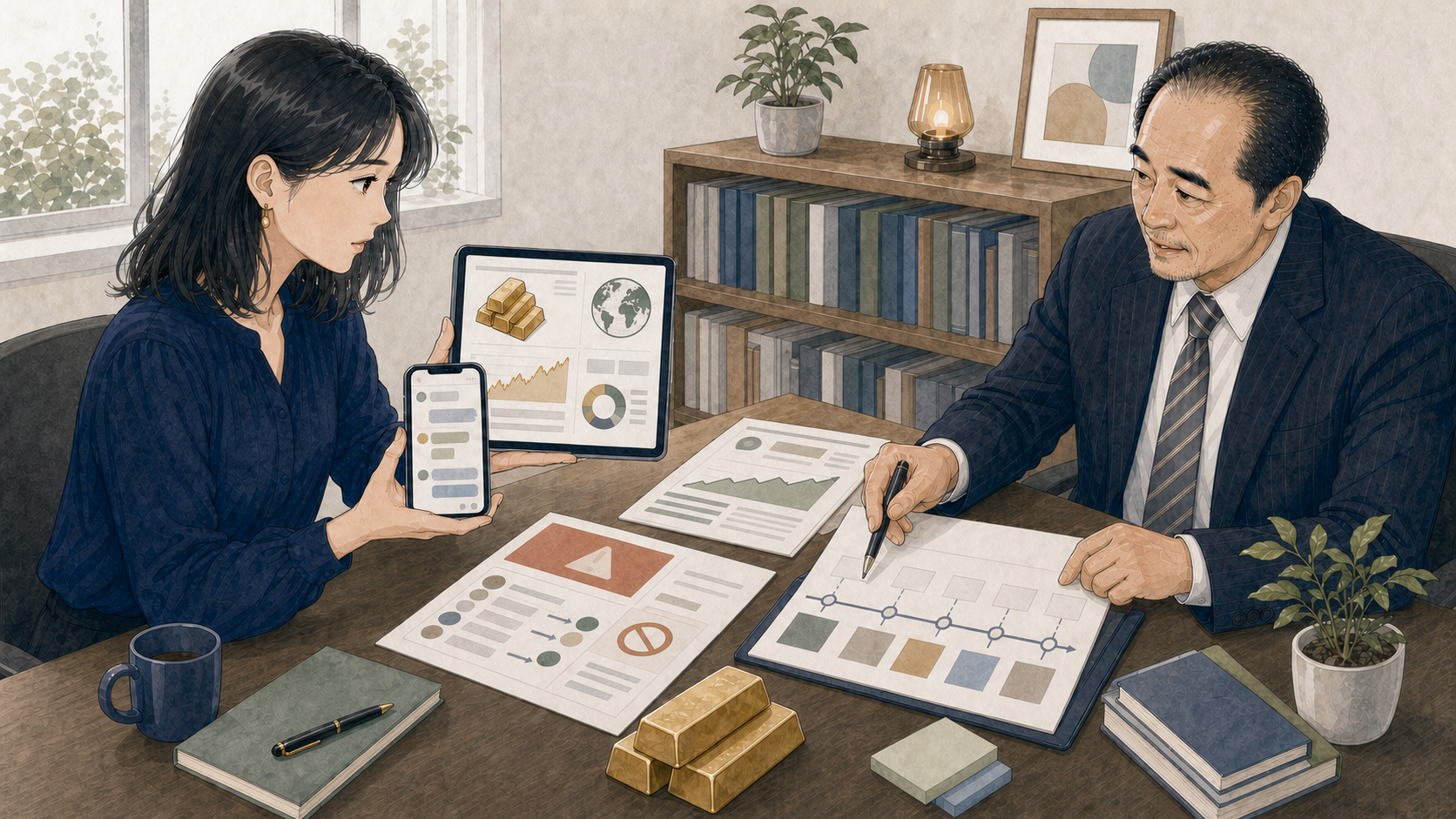 女性が金取引サイトの画面や送金記録を示して弁護士へ相談する様子