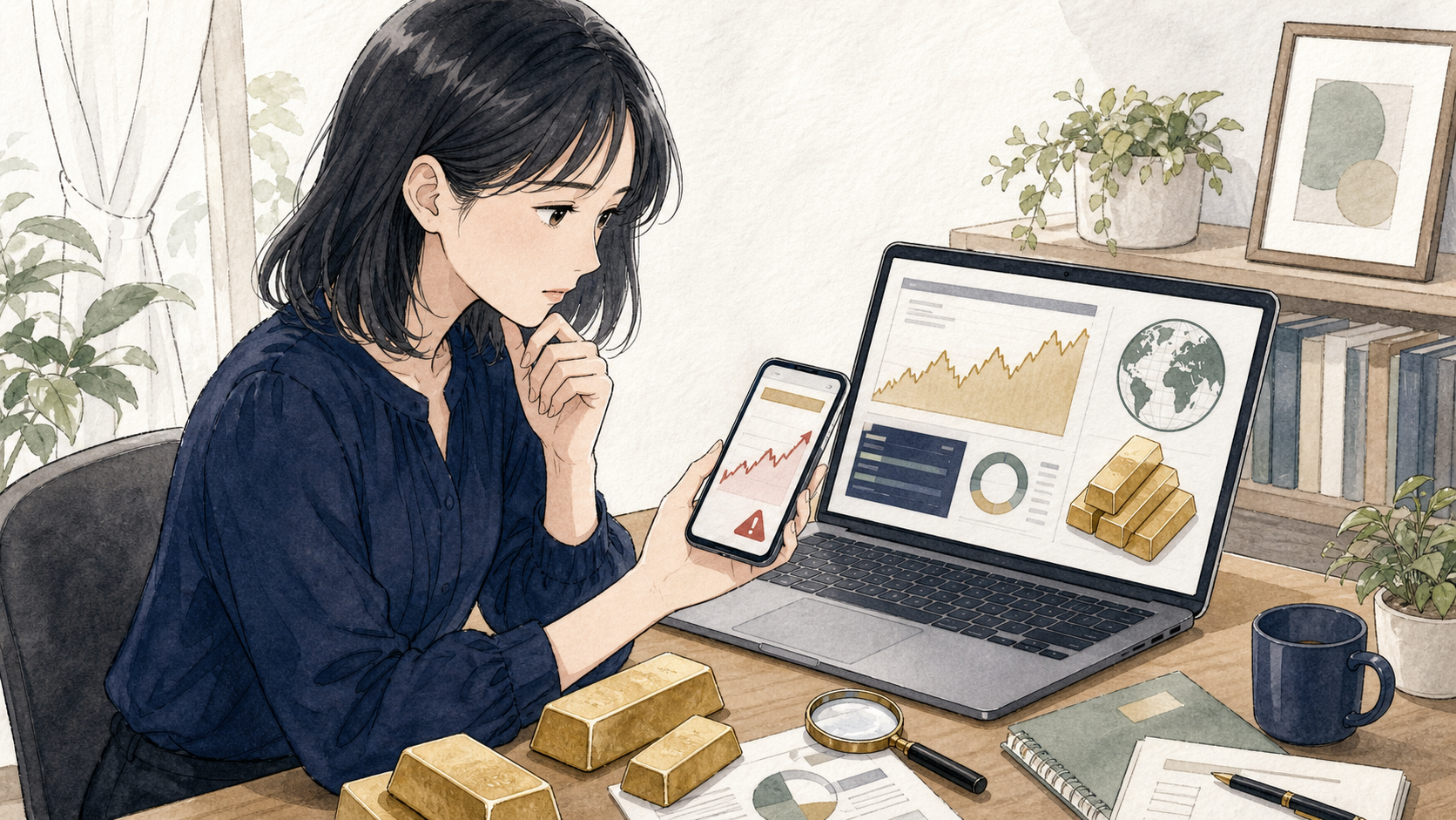 女性が高利益をうたう海外の金取引サイトを慎重に確認している様子