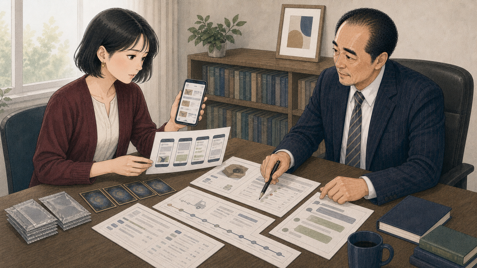 女性がオリパの購入履歴や決済記録を示して弁護士へ相談する様子