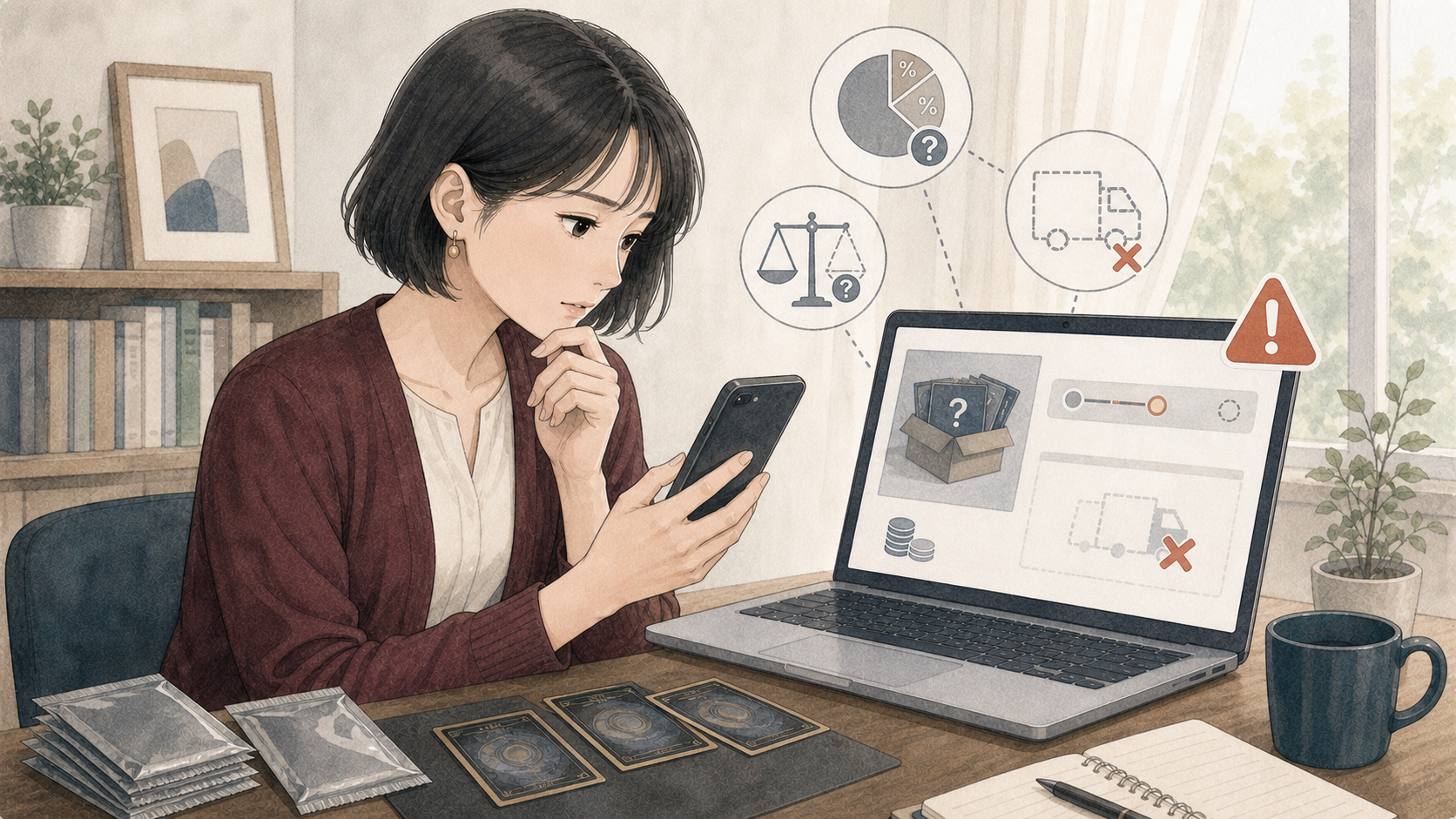 女性がオンラインオリパの表示や発送状況を慎重に確認している様子