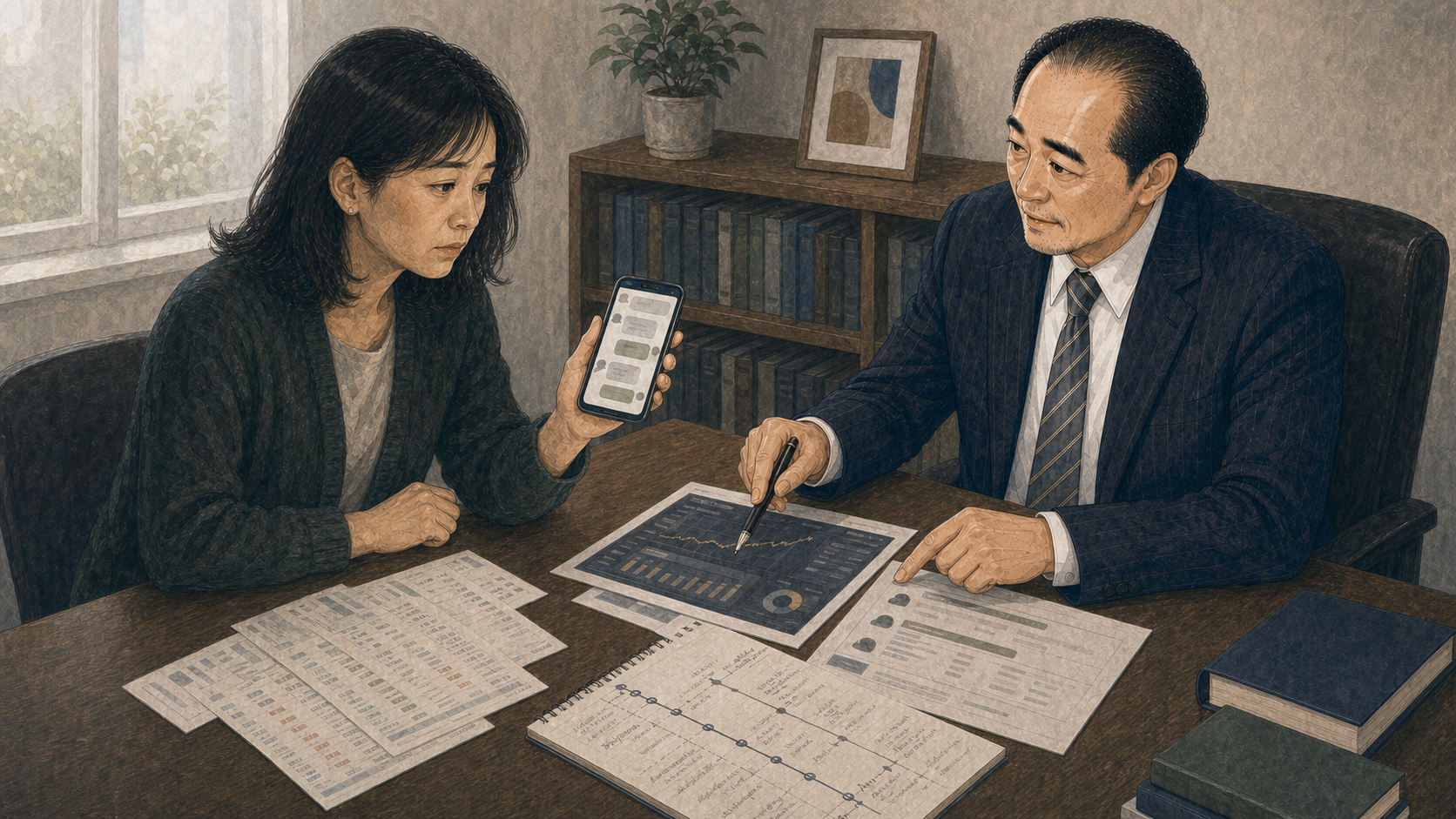 女性が投資メッセージや振込履歴を示して弁護士へ相談する様子