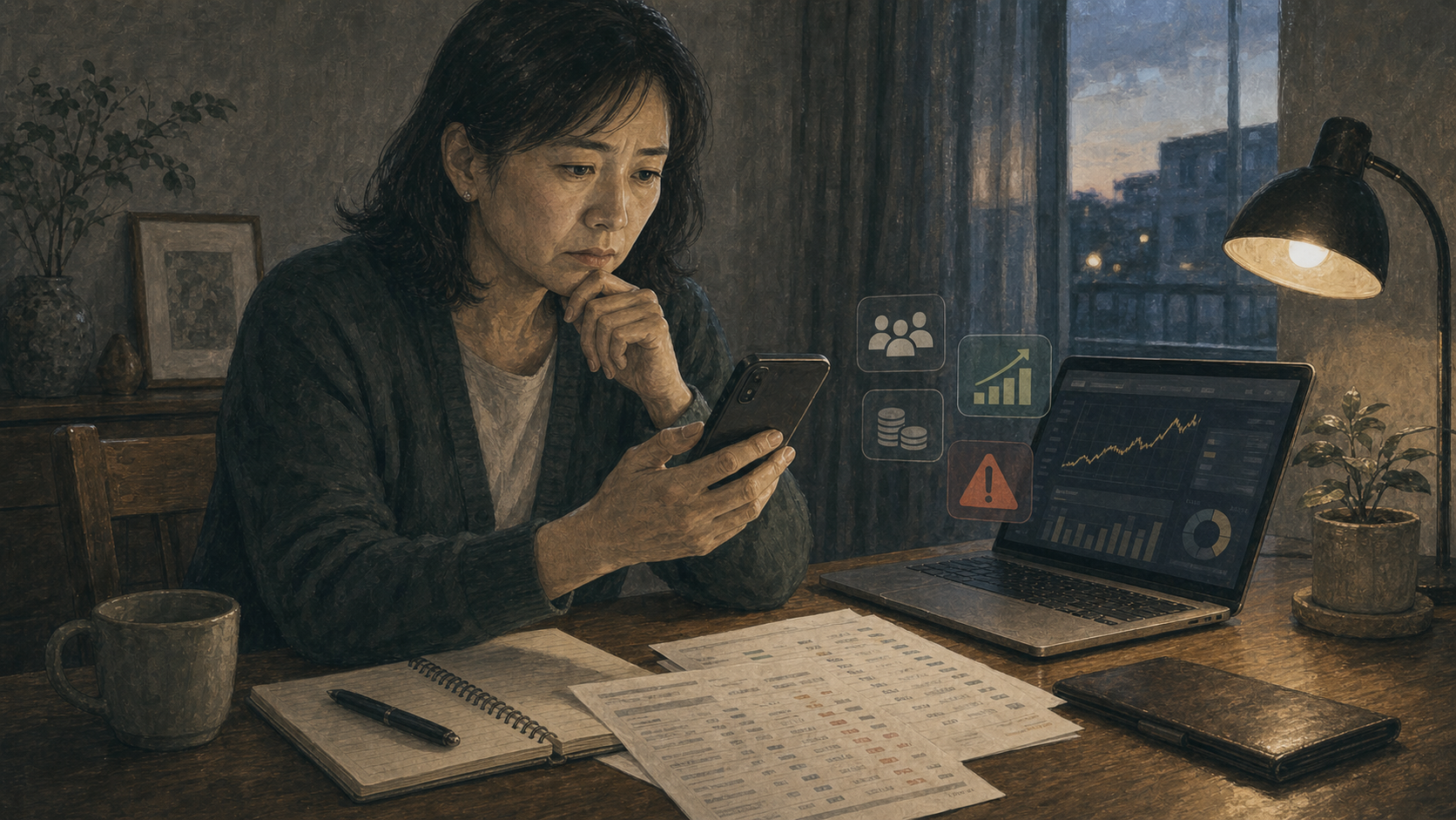女性がYKFintechを名乗る投資勧誘や取引画面を慎重に確認している様子