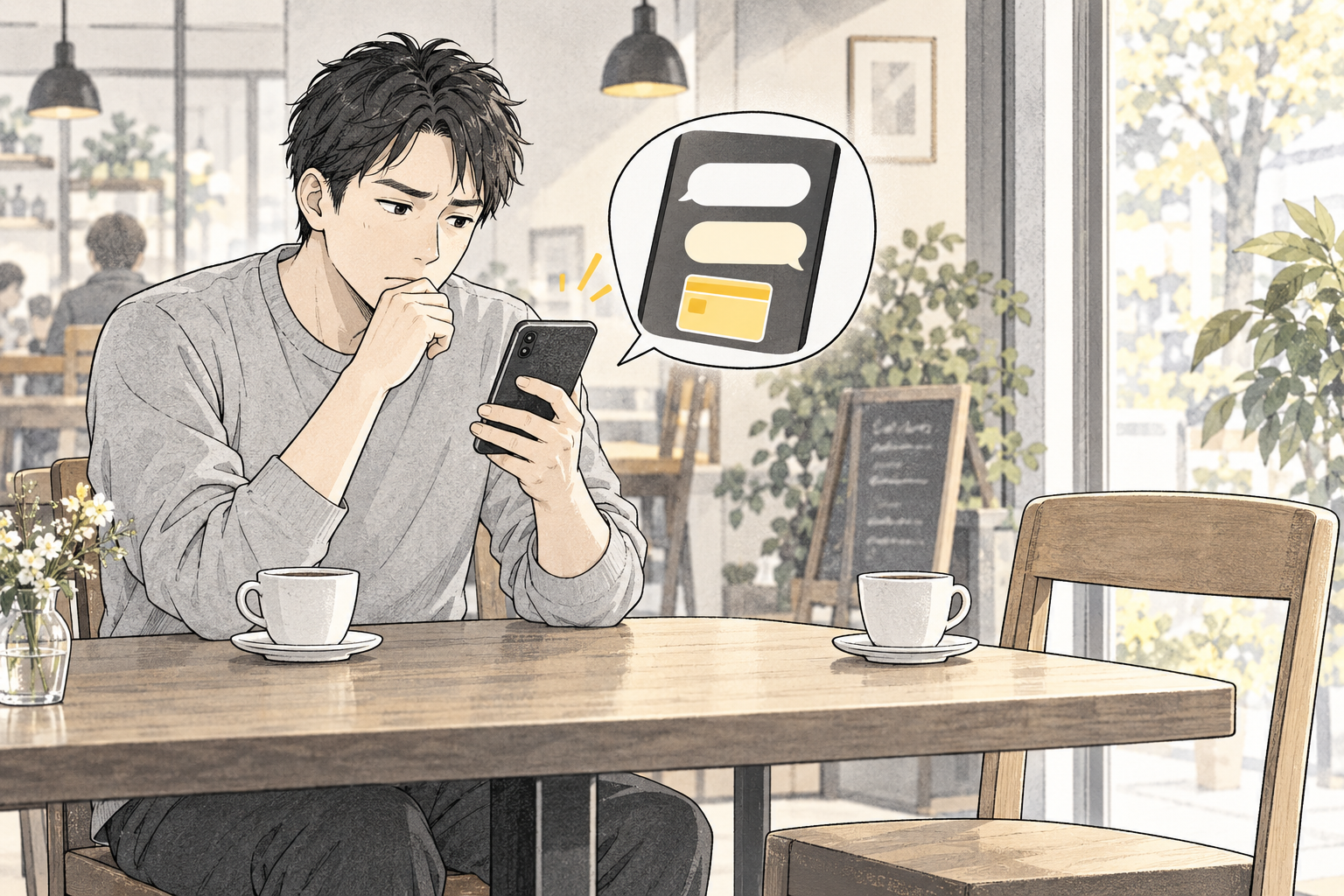 カフェでスマートフォンを見ながら会員登録費の要求について考える男性のイラスト