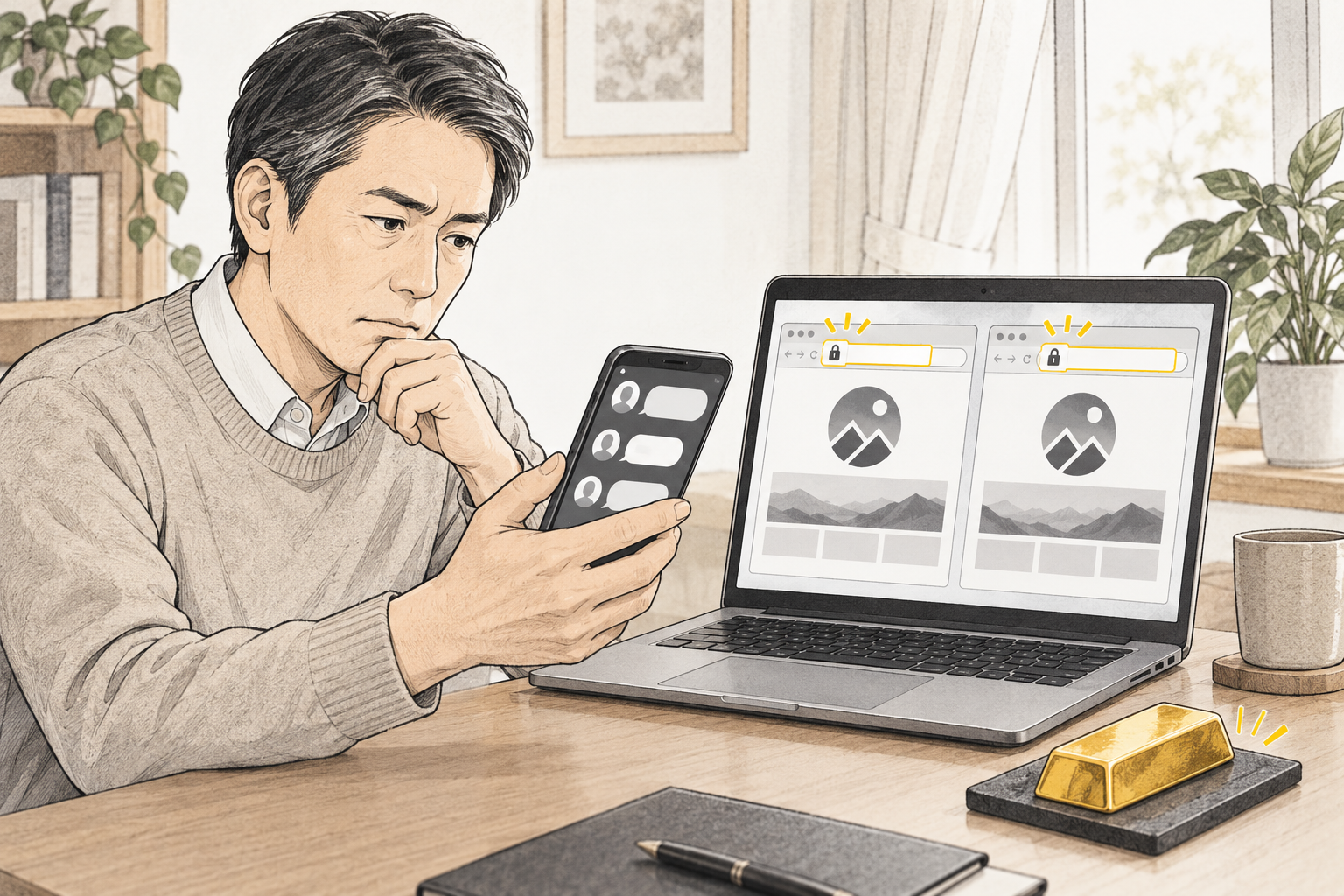 SNSのメッセージと投資サイトのURLを確認する男性のイラスト