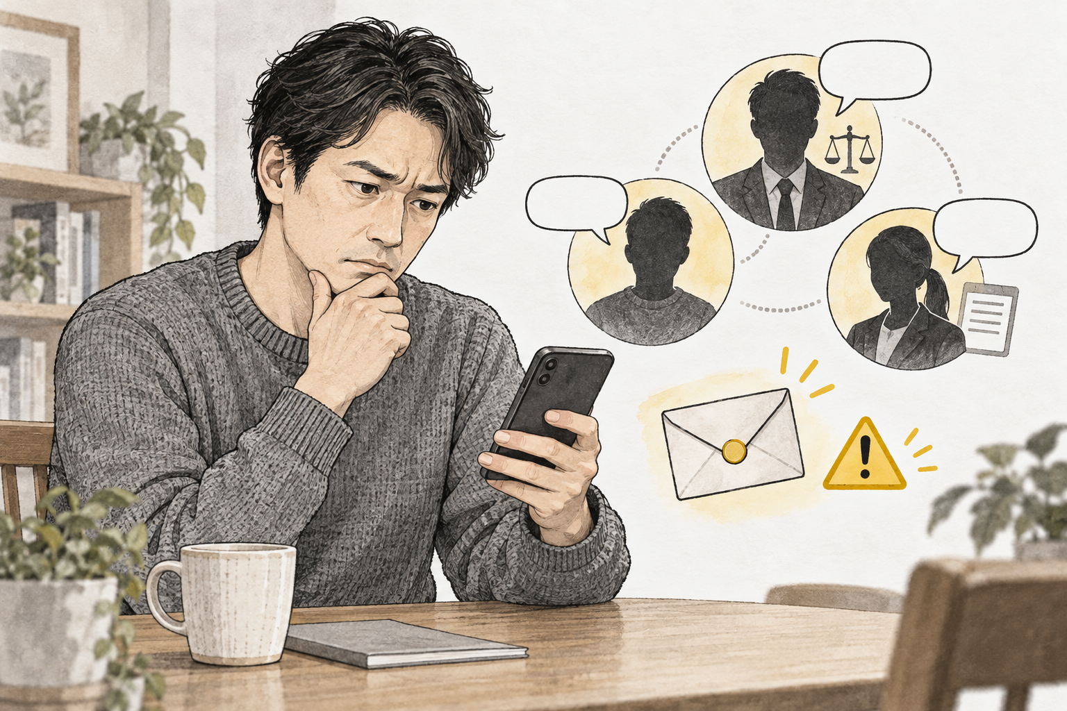 スマートフォンを確認する男性と、複数の人物を名乗るSNSアカウントを表すイラスト
