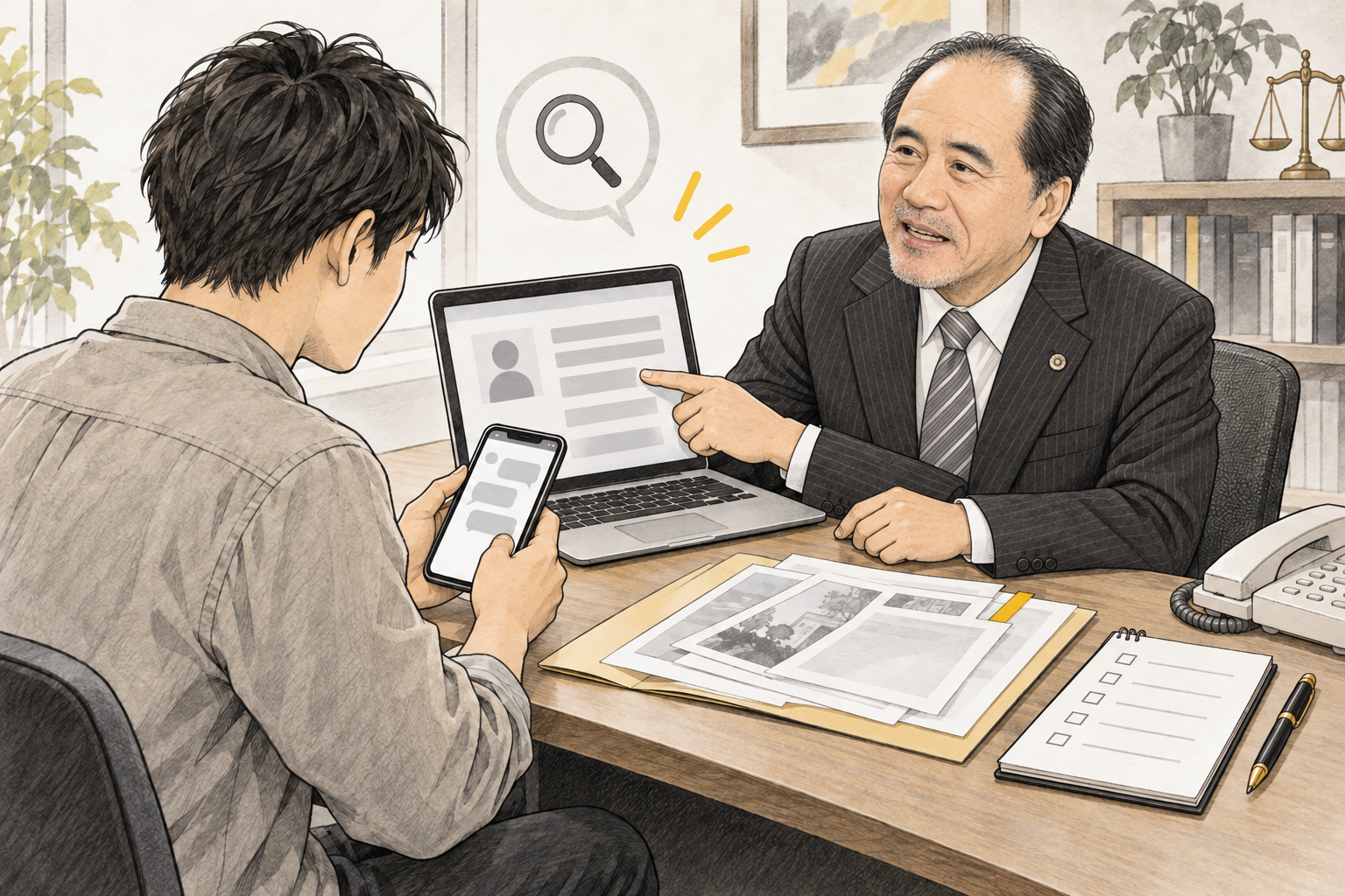 相談者と弁護士がスマートフォンのメッセージや公式の情報を確認するイラスト