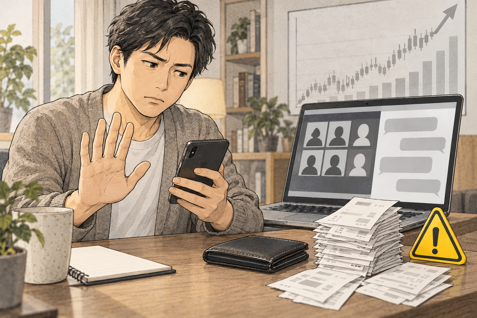 投資グループのメッセージを見て追加送金をいったん止める男性のイラスト